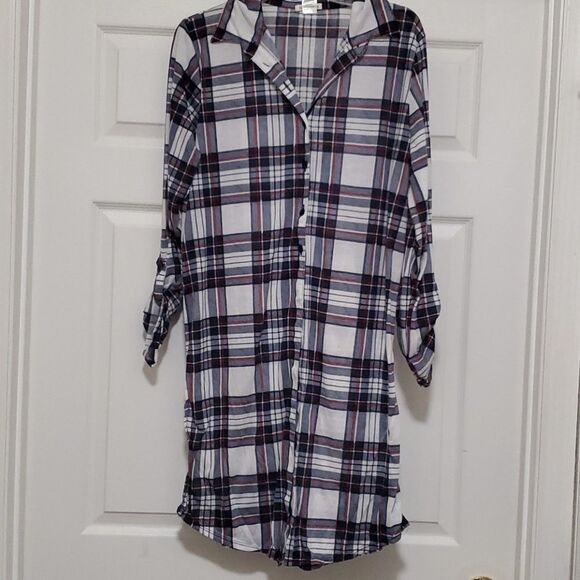 Don't Stop Believing plaid polyester button tunic - Picture 1 of 13